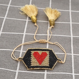 Glass Seed Braided Bead Bracelet with Double Tassel, Polygon with Heart Friendship Bracelet for Women
