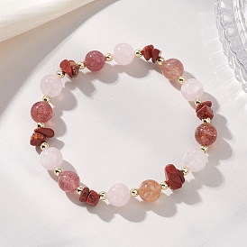 Женские браслеты из натуральных бусин клубничного кварца, мадагаскарского розового кварца и красной яшмы, круглые, с Гальваническим немагнитных синтетическими гематита бисера