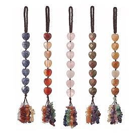 Heart Natural Gemstones & Mixed Stone Chips Tassel Pendant Decorations, Nylon Thread Hanging Ornament