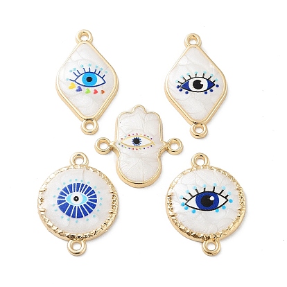 Hamsa Hand/Rhombus/Flat Round Rack Plating Alloy Enamel Connector Charms, Resin Evil Eye Links, Cadmium Free & Nickel Free & Lead Free, Golden