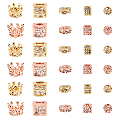 30Pcs 10 Style Brass Micro Pave Clear Cubic Zirconia Beads, Mixed Shapes