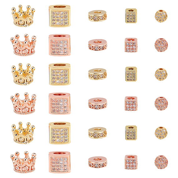 30Pcs 10 Style Brass Micro Pave Clear Cubic Zirconia Beads, Mixed Shapes