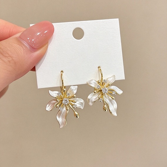 Alloy Enamel Leverback Earrings, Flower, Crystal Rhinestone Dangle Earrings