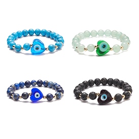 Gemstone & Lampwork Heart Evil Eye Beaded Stretch Bracelet for Women