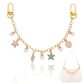 Подвеска в форме морской звезды и имитации круглого жемчуга из сплава эмали, декоративные цепочки из латуни, с поворотными застежками сплава, красочный