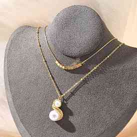 304 двухслойные колье из нержавеющей стали, пластиковый искусственный жемчуг 2 ожерелья с круглыми шариками для женщин