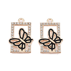 Alloy Enamel Pendants, with Crystal Rhinestone, Cadmium Free & Lead Free, Light Gold, Rectangle with Butterfly Charms