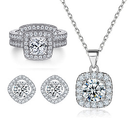 Stylish S925 Silver Round CZ Jewelry Set - Ring, Earrings & Necklace for Women