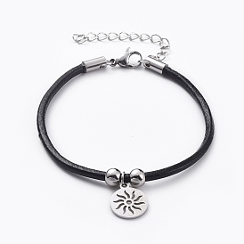 Pulseras con dijes unisex, con cordón de cuero de vaca y 304 hallazgos de acero inoxidable, plano y redondo con sol