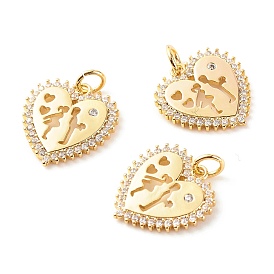 Кулоны из латуни с микропаве, прозрачные фианиты, тема дня святого валентина, без кадмия и без свинца, сердце с парой