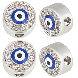 5шт латунь микро паве прозрачные бусины кубического циркония, с эмалью, плоские круглые с сглаза