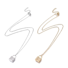 Brass Micro Pave Clear Cubic Zirconia Pendant Necklaces, with 304 Stainless Steel Cable Chains, Lock