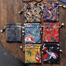 Cloth Drawstring Bags, Chinese Style Rectangle Jewelry Pouches