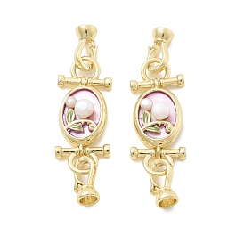 Застежки-бабочки из латуни с натуральным жемчугом, без кадмия, без никеля и без свинца, с эмалью, овальная с цветочным узором