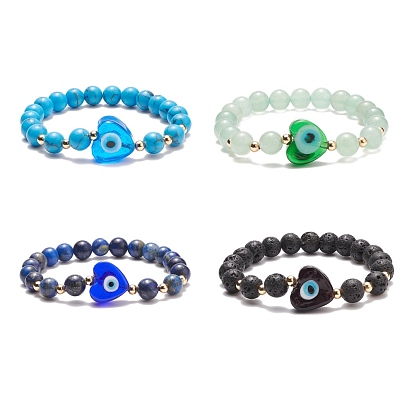Gemstone & Lampwork Heart Evil Eye Beaded Stretch Bracelet for Women