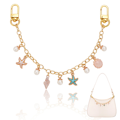 Подвеска в форме морской звезды и имитации круглого жемчуга из сплава эмали, декоративные цепочки из латуни, с поворотными застежками сплава, красочный