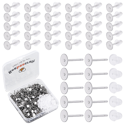600Pcs 316 Surgical Stainless Steel Flat Round Blank Peg Stud Earring Settings, with 600Pcs Ear Nut