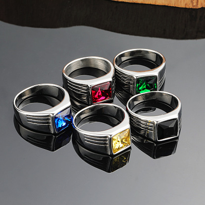 Модные 304 кольца из нержавеющей стали с кубическим цирконием для мужчин, панк-стиль, прямоугольные