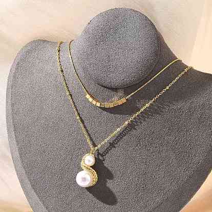 304 двухслойные колье из нержавеющей стали, пластиковый искусственный жемчуг 2 ожерелья с круглыми шариками для женщин