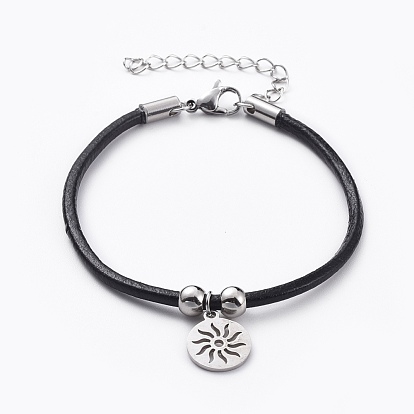 Pulseras con dijes unisex, con cordón de cuero de vaca y 304 hallazgos de acero inoxidable, plano y redondo con sol