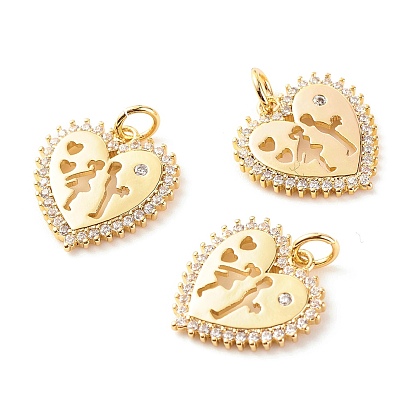 Кулоны из латуни с микропаве, прозрачные фианиты, тема дня святого валентина, без кадмия и без свинца, сердце с парой