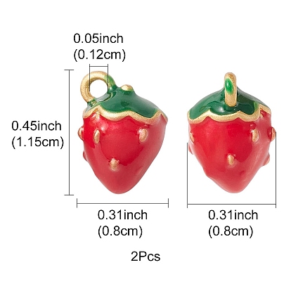 2Pcs Brass Enamel Charms, Imitation Fruit, Matte Gold Color, Strawberry Charm