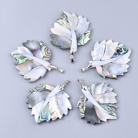 Shell Big Pendants, with Brass Findings, Leaf, Platinum