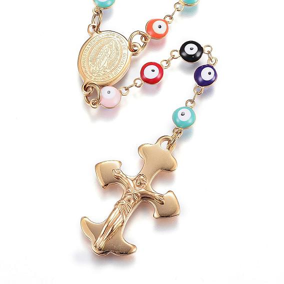 Ожерелья из розового ожерелья ручной работы, 304 из нержавеющей стали ожерелья эмали, с поперечным кулон