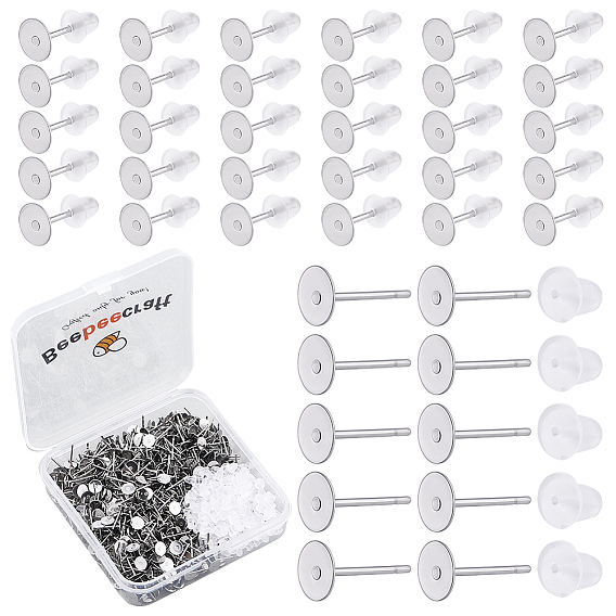 600Pcs 316 Surgical Stainless Steel Flat Round Blank Peg Stud Earring Settings, with 600Pcs Ear Nut