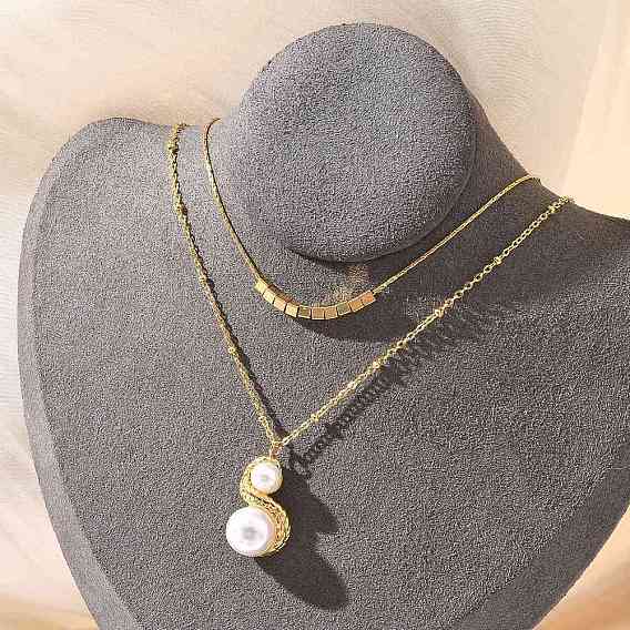 304 двухслойные колье из нержавеющей стали, пластиковый искусственный жемчуг 2 ожерелья с круглыми шариками для женщин