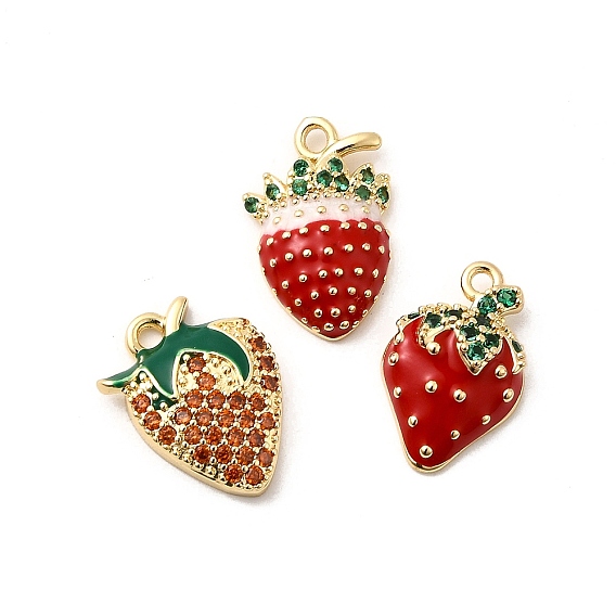 Латунные микро проложить кубического циркония подвески, клубника, с эмалью, золотой свет