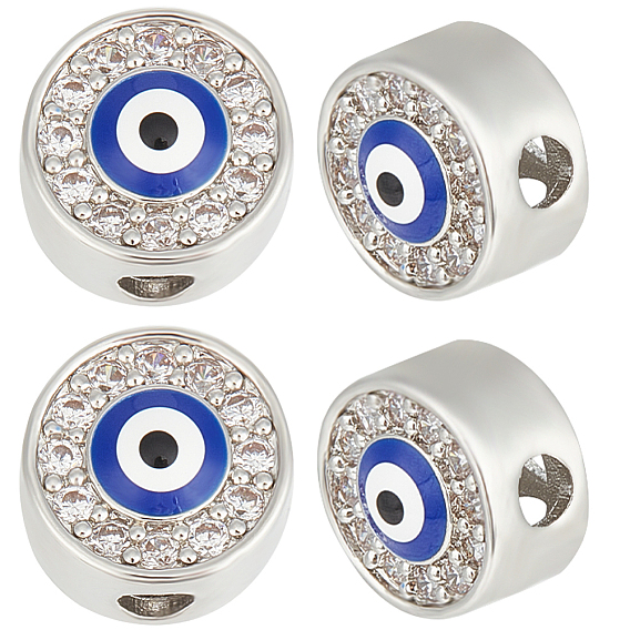 5шт латунь микро паве прозрачные бусины кубического циркония, с эмалью, плоские круглые с сглаза