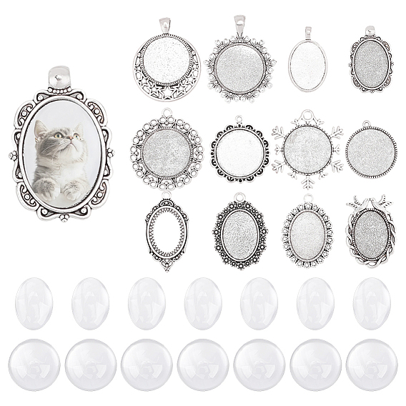 Наборы для изготовления кулонов своими руками, включая оправы для подвесок из сплава в виде кабошонов и стеклянные кабошоны.