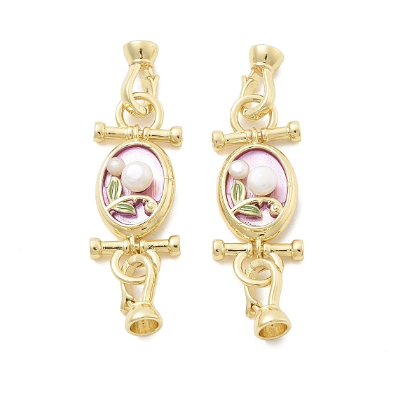 Застежки-бабочки из латуни с натуральным жемчугом, без кадмия, без никеля и без свинца, с эмалью, овальная с цветочным узором