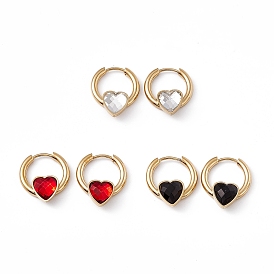Cubic Zirconia Heart Hoop Earrings, Golden 304 Stainless Steel Jewelry for Women