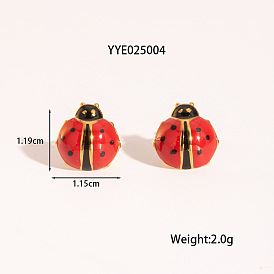 Божья коровка 304 женские серьги-гвоздики из нержавеющей стали с эмалью, реальный 18 k позолоченный