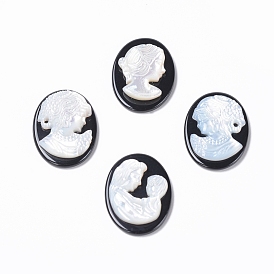 Natural Black Agate Cameo Cabochons, with Shell, Oval with Women Portrait