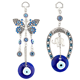 Alloy Pendant Decorations, with Handmade Lampwork and Glass Rhinestone, Evil Eye, Blue