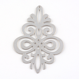 304 Stainless Steel Filigree Pendants, Flower, Etched Metal Embellishments, 44x31x0.5mm, Hole: 0.5mm, about 155~170pcs/bag