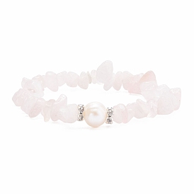 Natural Rose Quartz Chips Beaded Stretch Bracelet with Pearl, Gemstone Jewelry for Women
