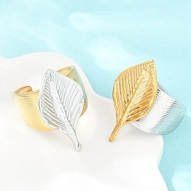304 Stainless Steel Cuff Open Rings, Leaf, Ion Plating(IP)