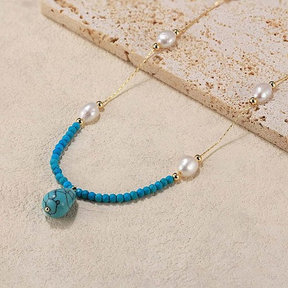 Synthetic Turquoise Teardrop Pendant Necklace, Dyed Natural Turquoise & Pearl Beads Necklaces with 925 Sterling Silver Chains