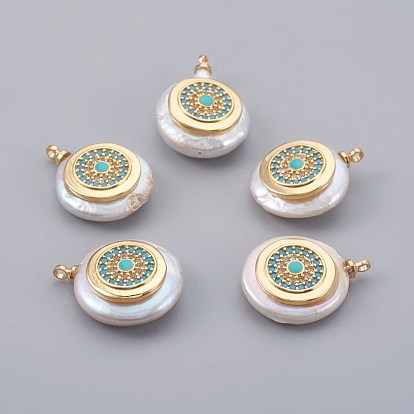 Подвески из натурального пресноводного жемчуга, с кубического циркония и латуни выводов, долговечный, плоско-круглые