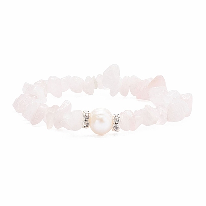 Natural Rose Quartz Chips Beaded Stretch Bracelet with Pearl, Gemstone Jewelry for Women