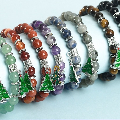 Pulseras elásticas de piedras preciosas naturales con tema navideño, Pulseras con dijes de árbol de Navidad de esmalte de aleación para mujer