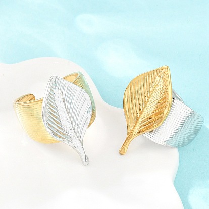 304 Stainless Steel Cuff Open Rings, Leaf, Ion Plating(IP)