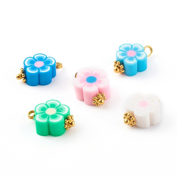 Breloques en pâte polymère faites main, avec boucles en laiton doré, fleur