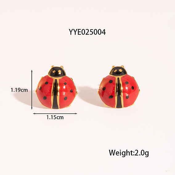 Божья коровка 304 женские серьги-гвоздики из нержавеющей стали с эмалью, реальный 18 k позолоченный