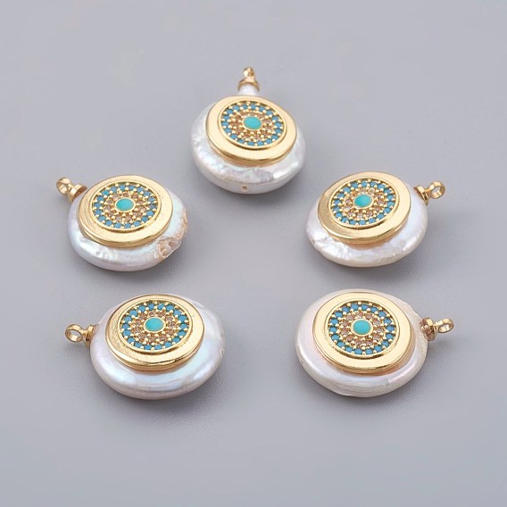 Подвески из натурального пресноводного жемчуга, с кубического циркония и латуни выводов, долговечный, плоско-круглые