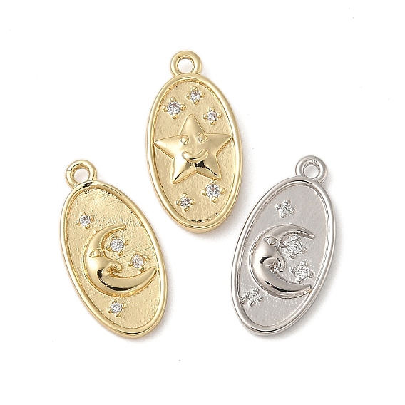 Латунные микро проложить кубического циркония подвески, овал со звездой/луной